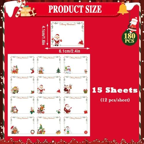 Qpout 180Pcs Christmas Labels Gift Tags Stickers, Large Blank Christmas Name Tags for Gifts, Self-Adhesive Labels for Presents Packaging(15 Sheets) - Image 2