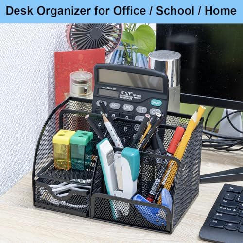 Desk Organizer Stationery Storage, Pencil Holder for Desk, Wire Mesh Office Supplies Journals Notebooks Organizers with 7 Compartments and Mini Drawer (Black) - Image 6