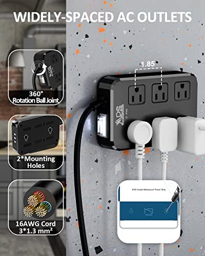Qiyuan Outdoor Power Strip Weatherproof, 6 Outlet 3 USB 10FT Extension Cord - Image 6