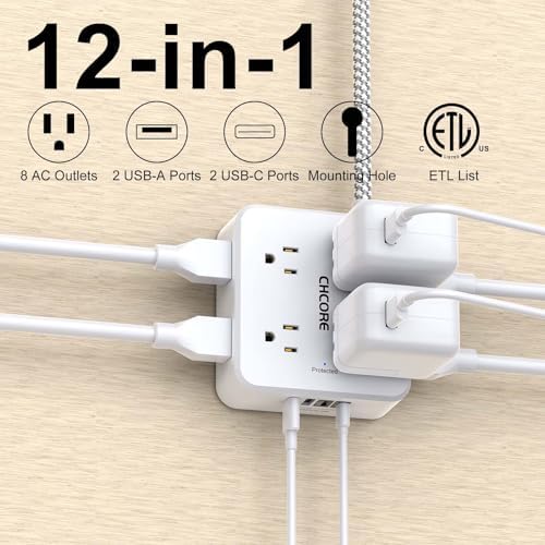 Surge Protector Power Strip - CHCORE 6Ft Braided Extension Cord with 8 Outlets with 4 USB (2 USB C) Charging Ports, Flat Plug Multi Plug Outlet Extender Charging Station for Home Office, ETL, White - Image 2