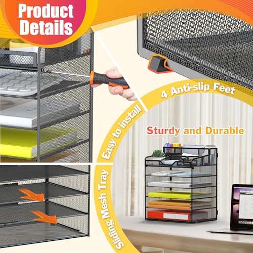 Docnest 6 Tier Mesh Desk Organizer with Letter Tray & Paper Sorter, Black - Image 5