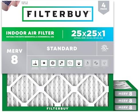 Filterbuy 25x25x1 Air Filter MERV 8 Dust & Allergy Defense (4-Pack) by Filterbuy
