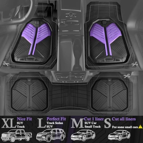 CAR PASS Heavy Duty Rubber Car Mats, Deep-Dish Car Floor Mats All Weather, Universal Two-Tone Trim-to-Fit for SUVs Trucks Sedans, Waterproof Anti-Slip, 3 Pieces V12 Black and Metallic Purple - Image 2
