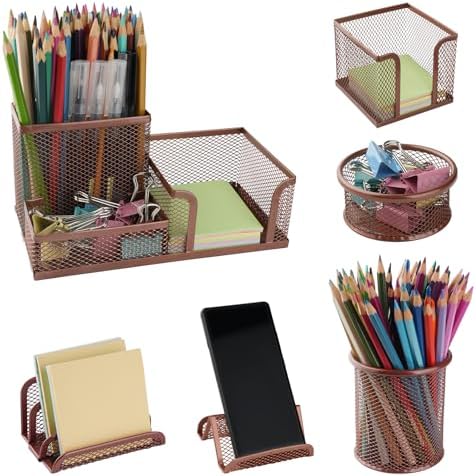 6 Pack Mesh Metal Desk Organizer Stationery Storage Set Rose Gold by Uppmeant