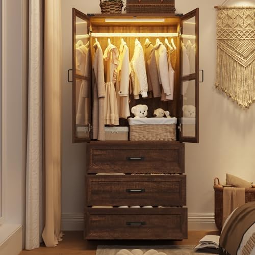 75" Tall Farmhouse 2 Doors Armoire Wardrobe Closet with 3 Drawers and LED,Freestanding Closet Wardrobe Cabinet for Bedroom with Hanging Rod,Wooden Armoire Storage Cabinet with Adjustable shelve(Brown) - Image 4