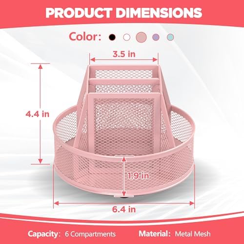 Docnest 360°Rotating Mesh Desk Organizer,6-Compartment Pen Holder,Pink - Image 2