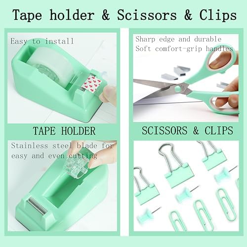 Dimonluce Green Office Supplies, Teal Desk Accessories Accessories with Tape Dispenser, Stapler, Staple Remover, 1000 Staples, Tape, Clips Set, Ruler, Scissor, Pen - Image 3