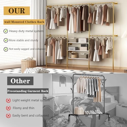 Industrial Pipe Clothing Rack, Gold Clothing Rack with Shelves, Wall Mounted Clothes Rack Heavy Duty Closet Organizers Wardrobe Multi-Purpose Storage Clothes Hanging Shelf- 94.5''L Gold - Image 3