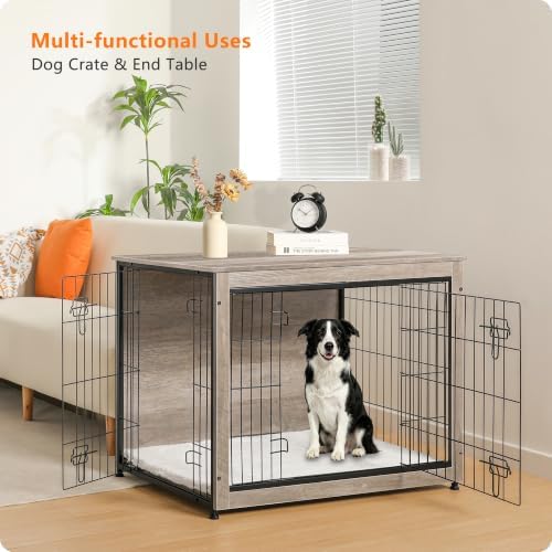 DWANTON Dog Crate Furniture with Cushion, Wooden Kennel Table with Double Doors, Indoor Dog House, Large Size, 38.5" L, Greige - Image 7