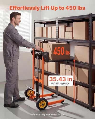 VEVOR Hydraulic Material Lift Winch Stacker, 450 lbs Load Capacity, 35.4'' Max Lifting Height, Pallet Truck Dolly with Fork Lift Table, Foldable & Portable Pallet Jack Table Cart, Orange & Black - Image 2