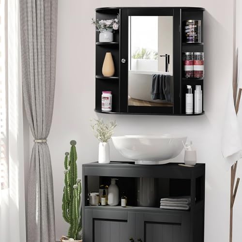 Iwell Bathroom Medicine Cabinet with Mirror, Wall Cabinet with 2 Adjustable Shelves & 6 Open Shelves, Bathroom Cabinet Wall Mounted, Over The Toilet Space Saver Storage Cabinet, Black - Image 2
