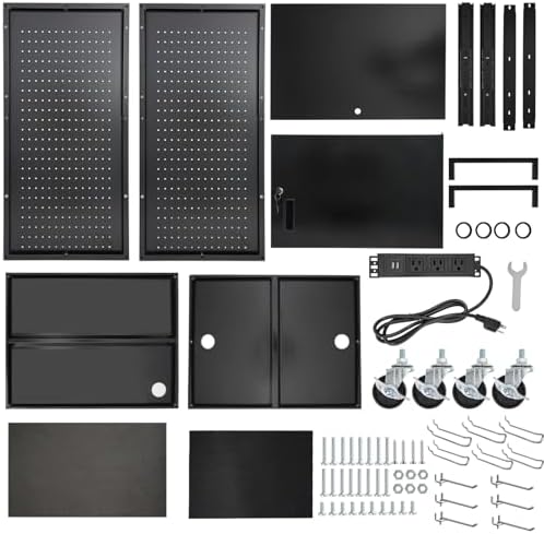 AV Cart, Computer Carts with Wheels and Power, Steel Cart with Locking Cabinet & Pullout Keyboard Tray, Projector Media Carts with Side Pegboard & 12 Hooks for School Office, Black - Image 7
