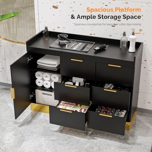 OmySalon Salon Station for Stylists, Free Standing Barber Vanity with 6 Drawers, 1 Cabinet & Adjustable Shelves, Large Storage Hair Beauty Furniture for Barbershop, Black Gold - Image 2