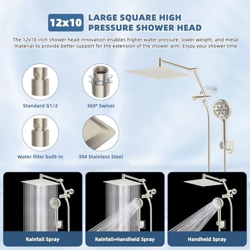 12" Metal Rain Shower Head with Handheld 10 Spray, High-Pressure Showerhead - Image 2