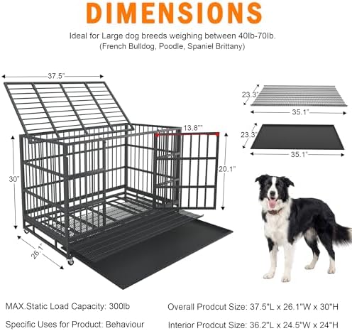 BOLDBONE 38 inch Heavy Duty Indestructible and Escape-Proof Dog Crate Cage Kennel for Large Dogs, High Anxiety Dog Crate with Removable Wire Trays and Wheels, Extra Large XL XXL, Black - Image 6