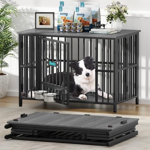 Easycom 41" Dog Crate Furniture Foldable, No Assembly Decorative Dog Kennel Indoor, Dog Crates for Large Dogs(35-60 lb), Wooden Dog Cage with Adjustable Bowls and Name Tag, End Table, Dark Grey by EasyCom
