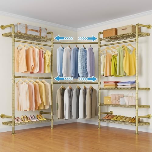 Timate L3 L Shape Gold Heavy Duty Clothes Rack, Industrial Pipe Wall Mounted, Adjustable 6 Shelves, 5 Closet Rods, Space Saving by SturdyWallMountedClothesRack