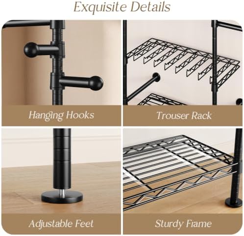 Closet Organizers Wall Mounted Closet System, 5-Row Heavy Duty Garment Clothes Rack, Industrial Pipe Clothing Rack with 4 Telescopic Rods, 3 Fixed Rods, 6 Hooks, 7 Shelves & 2 Pants Hangers for Rooms - Image 6