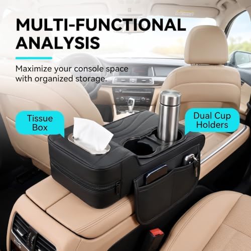 Multifunctional Car Armrest Cover, Premium PU Leather Memory Foam Center Console Cushion with Dual Cup Holders & Tissue Box, Center Console Organizer Storage Pouch for Sedans SUVs Trucks (Black) - Image 3