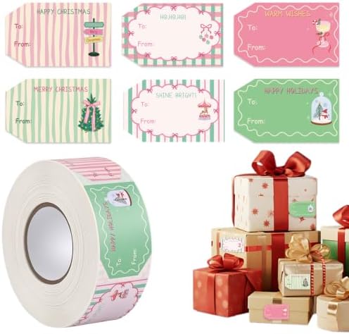 600 PCS Christmas Gift Tag Stickers 1.18" x 2" Pink Green Holiday Labels by BESARME