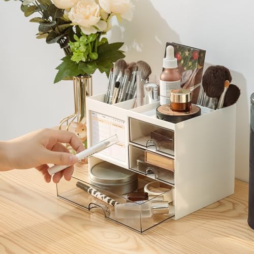 QIYVLOS Desk Organizer with 3 Drawer, Multi-Functional Pencil Pen Holder for Desk, Desk Organizers and Storage with 8 Compartments, Desktop Organizer for Office Home Art Supplies (White) - Image 5