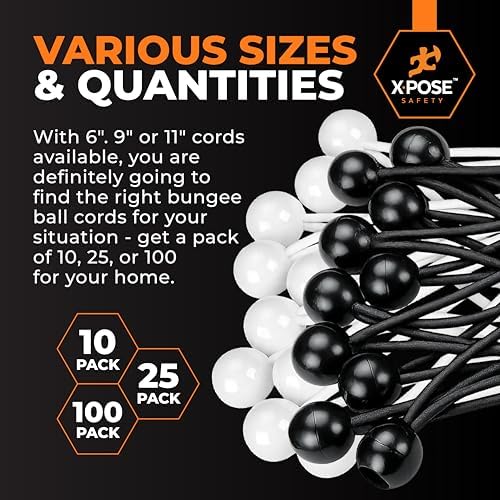 Xpose Safety Bungee Ball Cords 11" 10 Pack Heavy Duty Assorted Colors Black and White Stretch Rope with Ball Ties for Canopies, Tarps, Walls, Cable Organization - Image 6