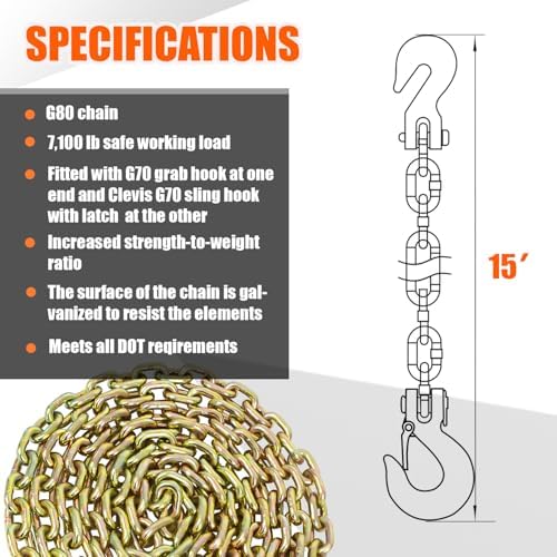 TKK G80 Transport Binder Chain, 3/8 Inch x 15 Foot Logging Tow Chain with Grab and Sling Hooks, 7,100 lbs Safe Working Load, Heavy Duty for Transporting, Towing and Tie-Down - Image 4