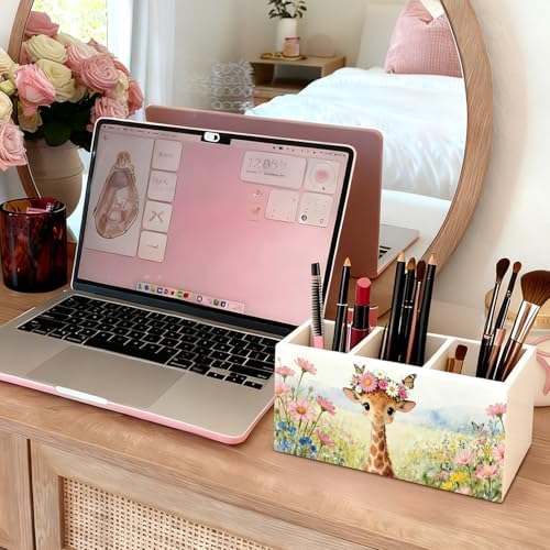 Giraffe Pen Pencil Holder for Desk Accessories, Giraffe Gifts for Women & Kids, Rustic Butterfly Flower Wild Animal Wooden Box Sign Decorations for Kids Room Home Office Desk Tabletop - Image 5