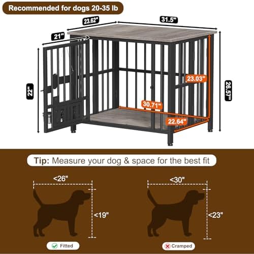 Easycom 31" Dog Crate Furniture Foldable, No Assembly Decorative Dog Kennel Indoor, Dog Crates for Medium Dogs(20-35 lb), Wooden Dog Cage with Adjustable Bowls and Name Tag, End Table, Oak Grey - Image 5