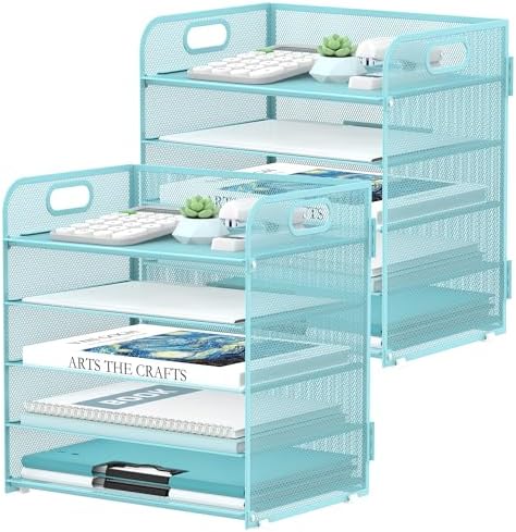 2 Pack 5-Tier Blue Desk Organizer with Handle Mesh Desk File/Paper Organizer Letter Tray for Office, School and Home Easy Installation by SUPEASY