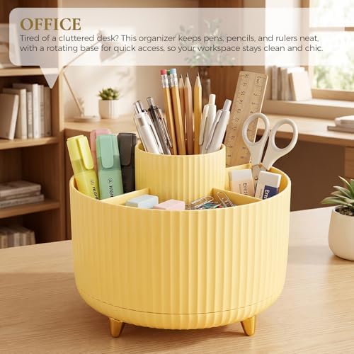 KONVINIT Pencil Pen Holder for Desk, 5 Slots 360-Degree Rotating Desktop Organizer, Cute Desk Organizers and Accessories for School, Home, Office and Art Supply, Yellow - Image 7