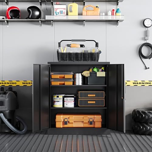 Yizosh Metal Garage Storage Cabinet with 2 Doors and 2 Adjustable Shelves - 35.5" Steel Lockable File Counter Cabinet for Home Office,Garage,Gym,School（Black） (Pack of 2) - Image 5