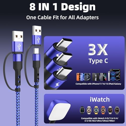 4 IN 2 Multi Charging Cable with 3 USB-C/iWatch Charger, Travel Essentials - Image 3