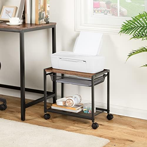 HOOBRO Under Desk Printer Stand, Industrial Printer Cart with Storage Shelf, 2-Tier Mobile Printer Table on Wheels, Heavy Duty Machine Storage Rack for Office and Home Rustic Brown + Black BF12PS01 - Image 2