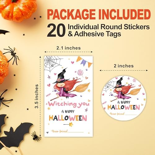 40 Pcs Halloween Theme Stickers - Cute Witch -20 Round & 20 Tag Shaped Self-Adhesive Labels for Party Gifts, Packaging Bags, Envelope Sealing - Party Supplies for Halloween Decoration -A04 - Image 2