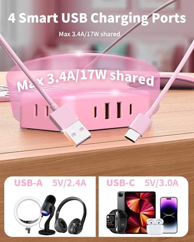 HOPOW Pink Extension Cord, 6 FT Flat Plug Power Strip, 4AC&2A2C, 1625W/13A - Image 4