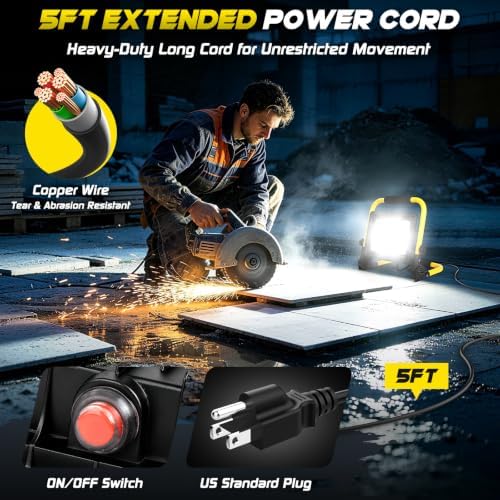 LED Work Light, 12000LM 6500K Portable Work Light with 5FT Cord, IP66 Waterproof Flood Lights Outdoor with Stand & Switch, Bright Indoor Outside Lighting for Job Site Construction Car Repairing Garage - Image 3