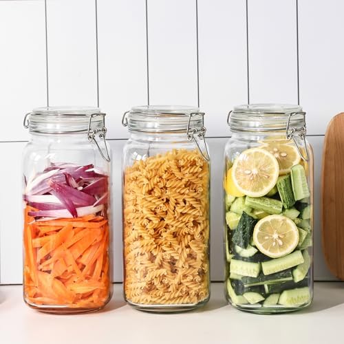 Liuruiyu 78oz Glass Food Storage Jars with Airtight Clamp Lids, 3 Pack Wide Mouth Large Kitchen Canisters for Flour, Cereal, Beans, Pasta and Canning, Square Mason Jar with Labels - Image 2