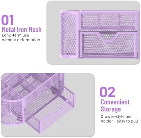 Mesh Desk Organizer with Drawer, 9-Compartment Pen Holder for Desk, Purple - Image 5