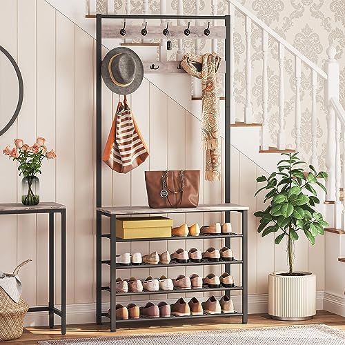 HOOBRO Hall Tree, Coat Rack with Shoe Rack, Hall Tree with Bench, 5 Tier Shoe Storage Organizer with 9 Hooks for Entryway, Closet, Sturdy, Industrial, Greige and Black BG80MT01G2 - Image 2