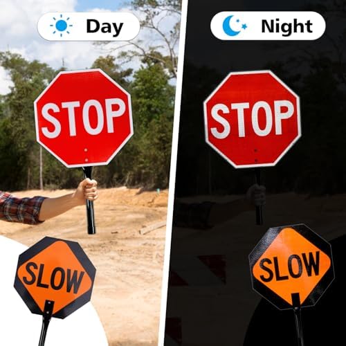 GicnKeuz 2 Pack Stop Slow Sign with Metal Handle, 13x13 inches Double Sided Slow/Stop sign, Traffic Reflective Aluminum Sign, Fade Resistant/Waterproof, Easy to Mount (Red & Orange) - Image 5