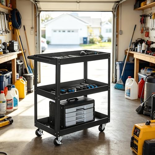 TUFFIOM 3 Tier Rolling Metal Tool Cart on Wheels,330 LBS Service Cart w/2 Brake,Heavy Duty Steel Utility Cart,Tool Organizer for Mechanic,Garage,Workshop,Warehouse & Repair Shop,Black - Image 4
