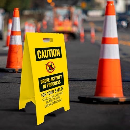 Caution Drone Activity In Progress For Your Safety Stand Clear and Avoid Double Sided Floor Sign, Yellow, 20x11 Inches, Coro Plastic Made in USA - Image 2