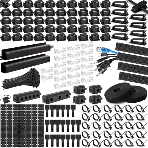 494 PCS Cable Management Kit - 4 Cable Sleeve Split, 2 Cable Organizer, 130 Adhesive Cable Clip, 6 Cable Holder, 2 Roll Cable Organizer Strap, 300 Cable Tie with 50 Mount, for Computer TV Under Desk by Unknown