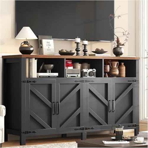knoworld Buffet Sideboard with Storage Farmhouse, Large Kitchen Storage Cabinet Wood Coffee Bar Cabine Buffet for Kitchen, Living Room, 55in, Black - Image 5