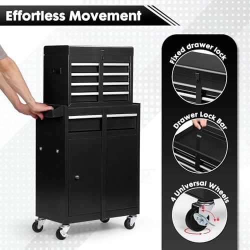 Dawmilon 5-Drawer Rolling Tool Chest with Wheels - High Capacity Tool Cabinet with Detachable Top Toolbox for Garage and Workshop Organization - Metal Tool Cart with Liner & 4 Hooks, Black - Image 5