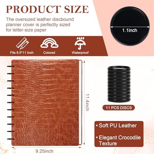 Pu Leather 8.5x11 In Discbound Notebook Cover And Disc Set Discbound Planner Cover With 11 Pcs Expansion Discs Disc Bound Notebook Accessories Letter Size For Office(Brown;No Inner Paper) - Image 2