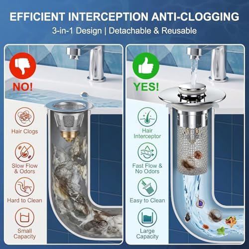 2PCS Bathroom Sink Drain Strainer, Pop-up Stopper Hair Catcher with Stainless Steel Filter Basket, Universal Replacement Drain Plug for Bathroom Sinks - Image 4