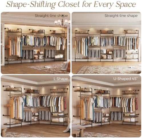 Closet Organizers Wall Mounted Closet System, 5-Row Heavy Duty Garment Clothes Rack, Industrial Pipe Clothing Rack with 4 Telescopic Rods, 3 Fixed Rods, 6 Hooks & 8 Shelves for Bedroom, Black and Gold - Image 5