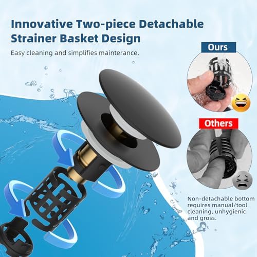 Hibbent Upgraded 3 in 1 Bathroom Sink Drain Strainer, Pop Up Sink Stopper with Big Push Cap, Anti-Clogging Metal Filter Basket,Sink Plug with Hair Catcher for 1.1''~2.36'' Basin, Matte Black - Image 4